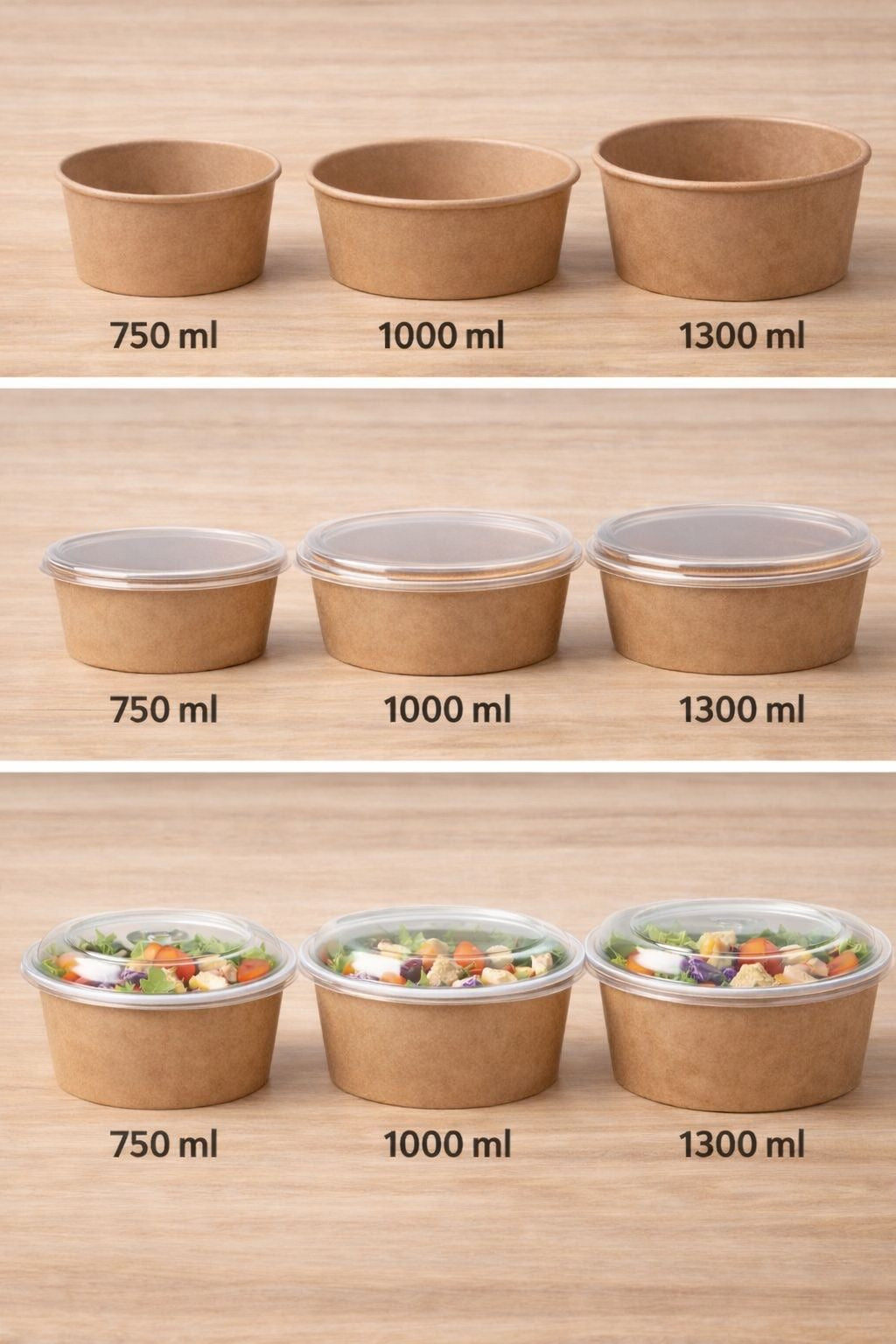 Salatbowl 750/1000/1300ml 300stk aus Pappe mit Deckel